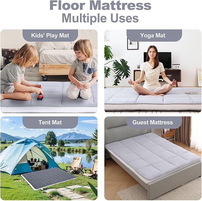 Tiita Floor Mattress Memory Foam Mattress Topper, 4" Thicken Futon Mattress with Storage Bag and 2 Straps, Portable Roll Up Travel Car Camping Mattress Sleeping Pad Full Size, Grey