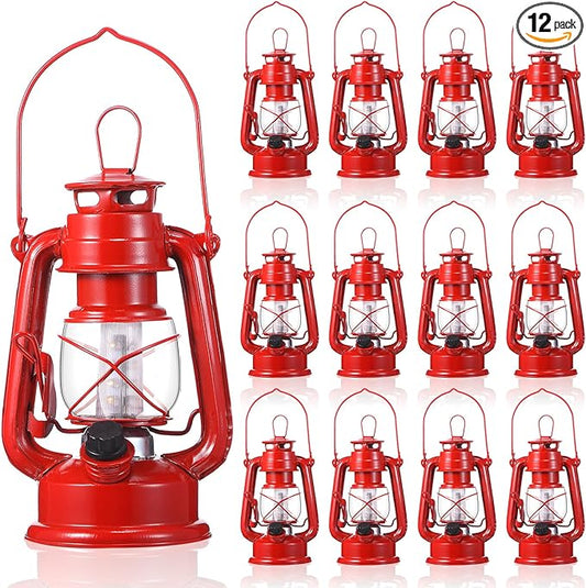 Hortsun 12 Pcs 8 Inch Vintage LED Hurricane Lantern Metal Red Outdoor Battery Operated Hanging Lantern with Warm LEDs and Dimmer Switch for Indoor Rustic Farmhouse Country Camping Decor