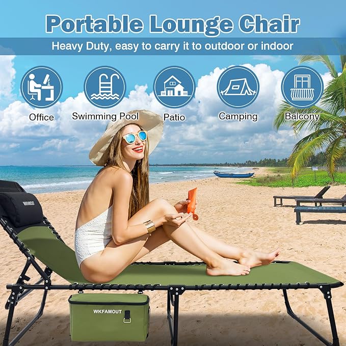 Folding Lounge Chair Outdoor with Insulated Cooler Bag Portable for Outside Patio Chaise Lounge Chair 5-Position with Pillow for Beach Sunbathing Pool Camping Lawn