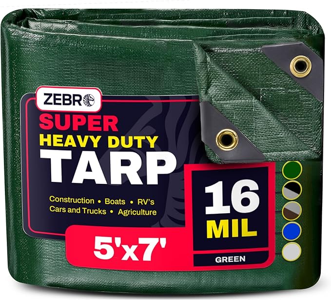 5' x 7' Green Heavy Duty Tarp with Grommets Reinforced - 16 Mil Thick - Double Sided Plastic Tarps Waterproof - Large Tarpaulin Cover for Outdoor Camping Over/Under Tent Tarp RV Roof Rain - Zebro
