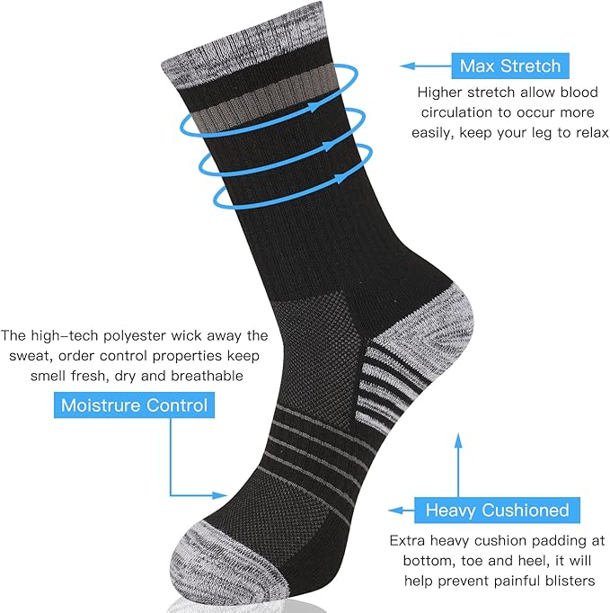 COOVAN Mens Hiking Crew Socks 5 Pairs Moisture Wicking Cushioned Athletic Boot Outdoor Socks