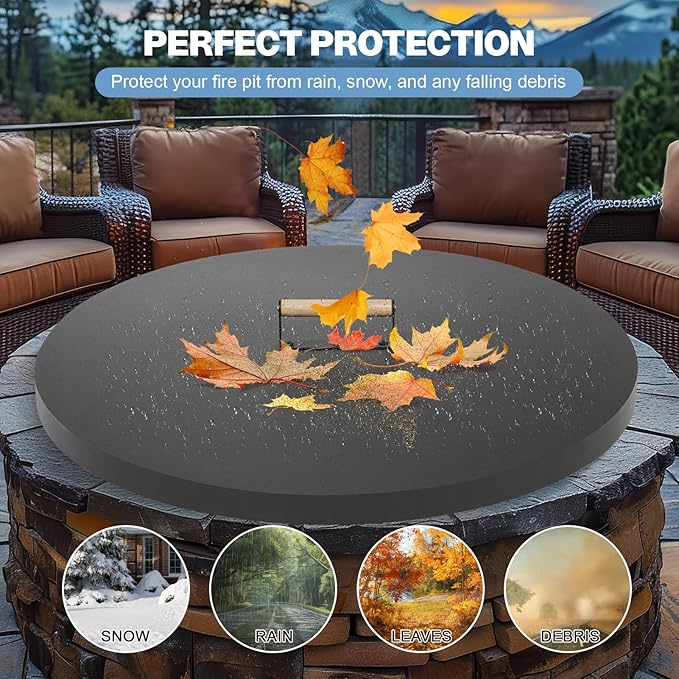 Fire Pit Lid Round 30", Heat Resistant Metal Firepit Cover with A Wooden Handle for Round Patio Fire Pit, Compatible for Firepits Inside Dia Up to 28"