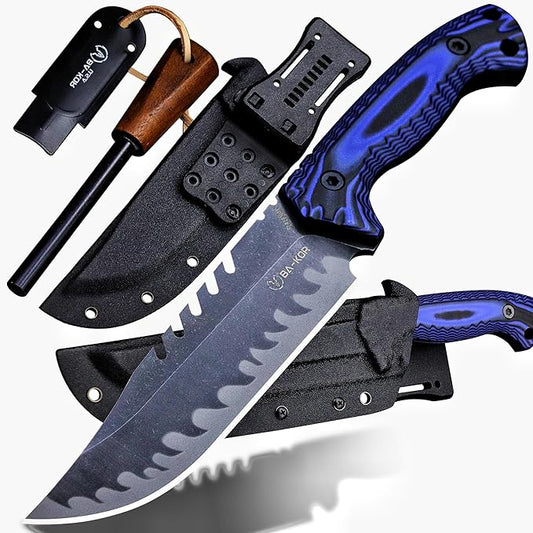 BA-KOR 12.4in Full Tang Fixed Blade Hunting Knife – 6mm 9CR18MoV Steel, G10 Handle, Stonewashed Sawback Blade with Kydex Sheath & Fire Starter for Outdoor, Camping, Survival (Blue and black stripes)