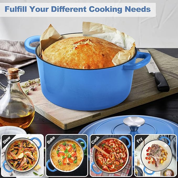 P&P CHEF 7QT Enameled Dutch Oven, Cast Iron Dutch Oven Pot with Lid for Bread Baking, Enameled Casserole Pot for Roasting Braising Stewing Frying Simmering, Various Stoves & Easy Clean, Blue