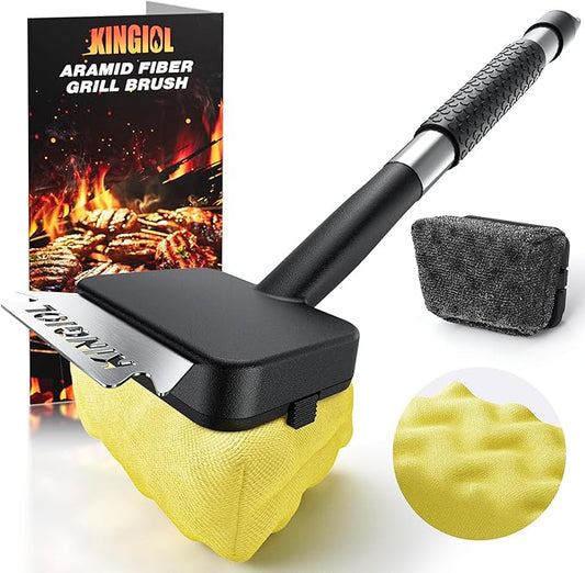 Grill Brush for Outdoor Grill - Bristle Free Grill Cleaner Brush, BBQ Brush with Durable Scraper for Cast Iron or Stainless-Steel Grates, 2 Replaceable Heat-Resistant Heads (Grill Brush Yellow)