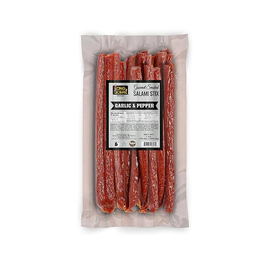 Long John Snacks Dried Salami Sticks - High Protein Smoked Meat Sticks Bulk Pack - Made From Fresh Premium Cuts of USA Beef and Pork - Low Carb, Gluten-Free, Keto Snacks - Garlic and Pepper, 16 Oz
