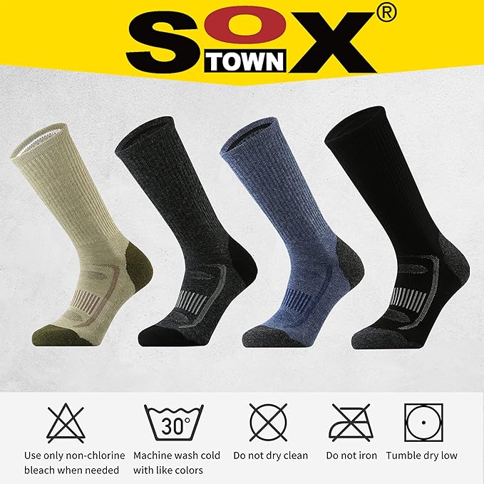 SOX TOWN Men's Merino Wool Cushion Crew Socks for Outdoor Hiking Hike Trail Performance Moisture Wicking Lightweight Summer