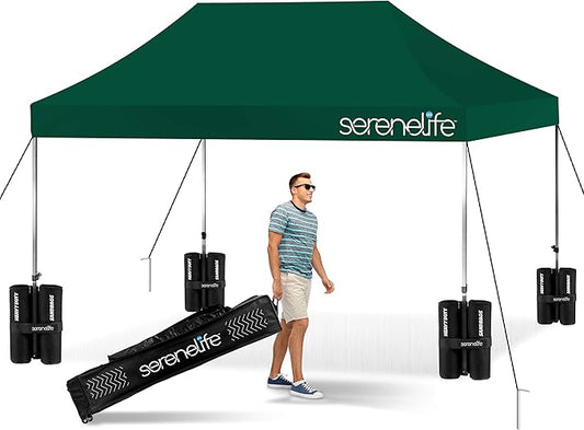 SereneLife SLGZ15FG Pop Commercial Instant Shelter-Waterproof Polyester Tent with Portable Wheeled Carry Sand Bag, 10 x 15 ft. (Forest Green), 10x15