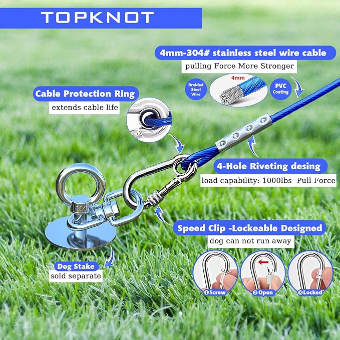 Dog Tie Out Cable and Stake,45FT Heavy Duty Cable,360°Swivel Dog Run- No Tangle,Runner for Yard- Up to 150LBS,Ideal for Outdoor Camping