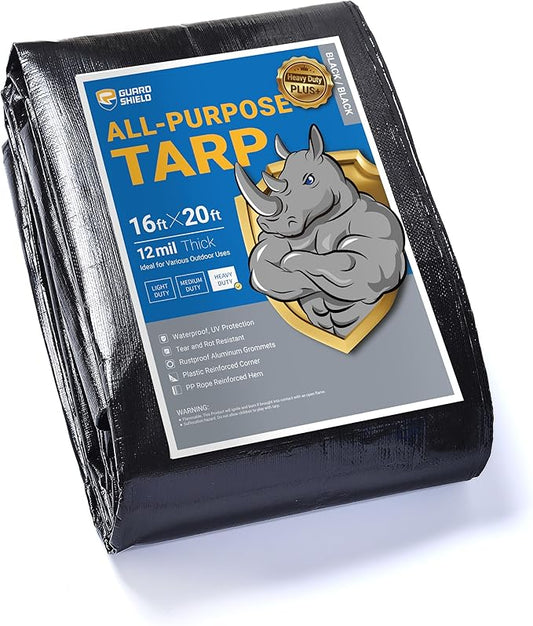 GUARD SHIELD Heavy Duty Tarp 16x20 Feet Black Tarp Large Outdoor Tarps Waterproof with Grommets Cover 12mil