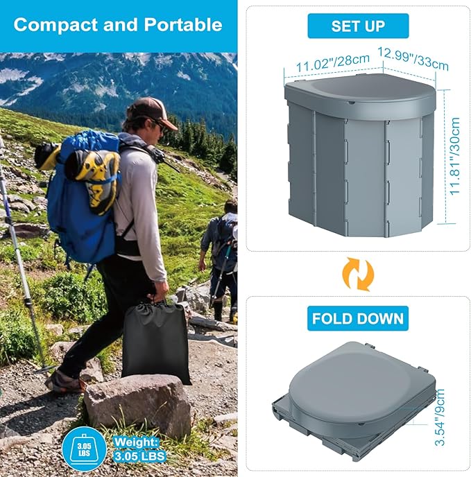 Portable Camping Toilet, Foldable Toilet for Adults with Detachable Phone Shelf and Toilet Paper Holder, Waterproof Porta Potty with Lid for Camping, Hiking, RV Travel, Road Trips