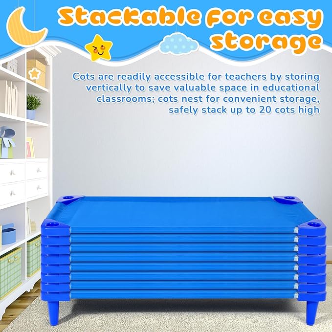8 Pcs Stackable Daycare Cots for Toddler 54" l x 23" W Kids Cots for Sleeping Portable Kids Bed Furniture Bed Frames Headboards Footboards for Classroom Preschool (Blue)