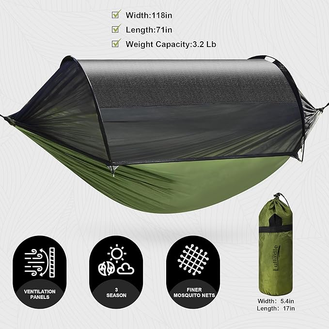 Lulladle Ultralight 2 Person Camping Hammock Mesh House Type Hammock Portable Travel Hanging Hammock 500lbs Durable Parachute Nylon Easy Setup and Pack for Backpacking Hiking Backyard