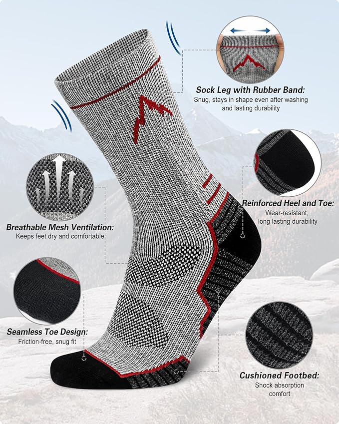 SIXDAYSOX Mens Merino Wool Hiking Socks, Moisture Wicking Cushioned Hiking Socks for Outdoor Trekking Cycling, 2 Pairs