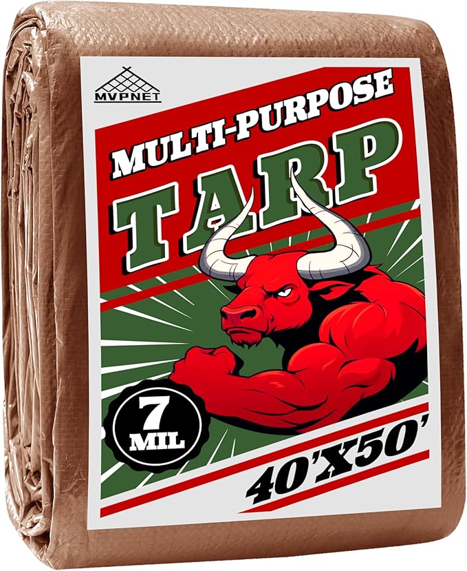 Tarp 40x50 ft 100% Waterproof 7mil Durable Grommets and Reinforced Edges,Uv Resistant,Green/Brown Tarp,Emergency Rain Shelter,Outdoor Cover and Camping Use -by MVPNET