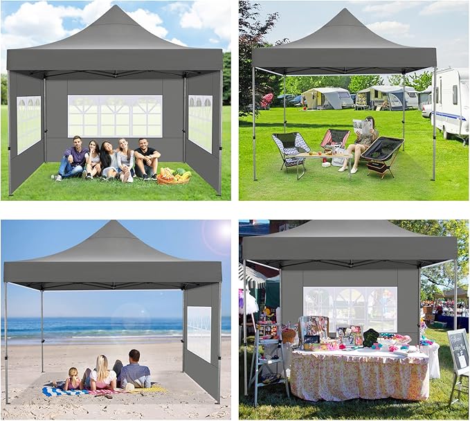 COBIZI 10x10 Pop Up Canopy with 4 Sidewall,Heavy Duty Canopy UPF 50+ All Season Wind Waterproof Commercial Outdoor Wedding Party Tents for Parties Canopy Gazebo with Roller Bag(10 x 10 ft Gray)