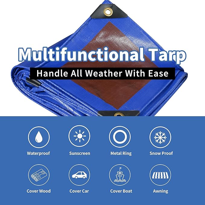 TARPAL 16x16ft Waterproof Heavy Duty Tarp 16Mil Thick with Metal Grommets Every 17.7" Large Multipurpose Tarp Tear-Resistant UV Protection Covers Roof, Pool,Car,Firewood&Outdoor Furniture(Blue/Brown)