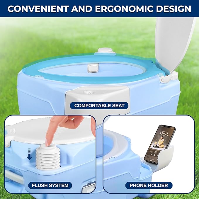 SereneLife 5.2 Gallon Portable Camping Toilet, 120 Flushes with Plastic Funnel, Hand Spray, Diagonal Seat and Mobile Holder, Portable Potty for Camping, Hiking, Roadtrip, Car, Tent