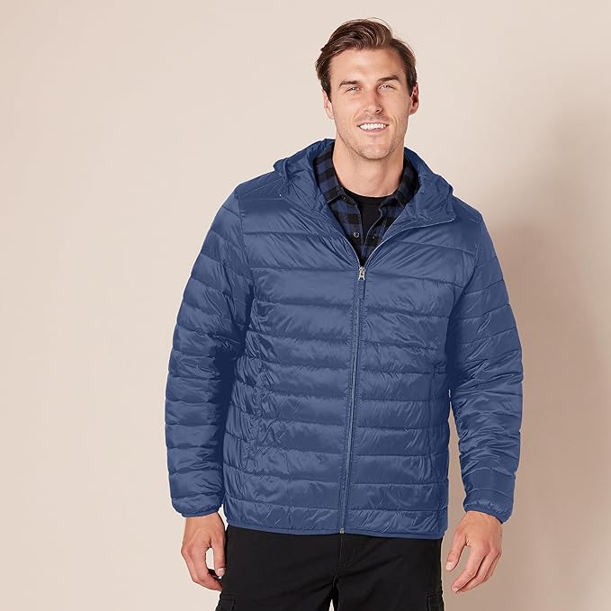 Amazon Essentials Men's Lightweight Water-Resistant Packable Hooded Puffer Jacket