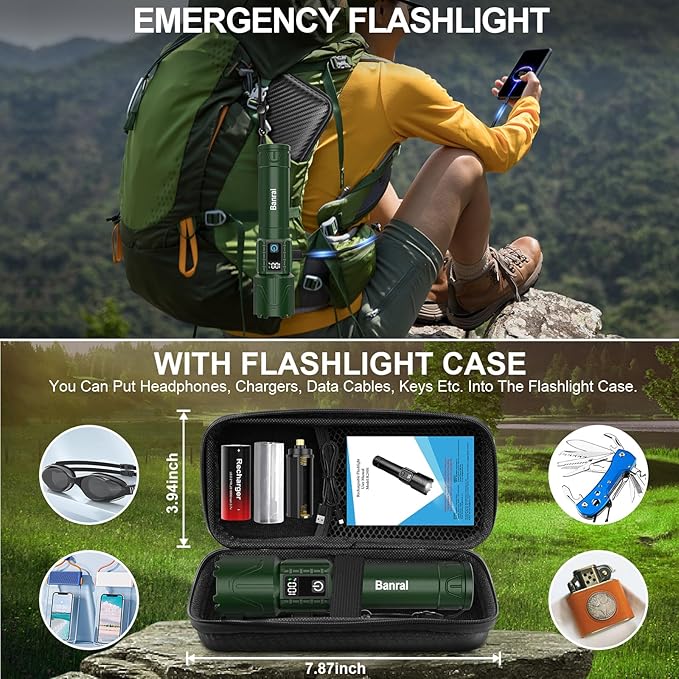 Rechargeable Flashlights High Lumens - Super Bright LED Tactical Flash Light, Powerful Waterproof Handheld USB C Flashlight for Camping,Emergencies,Home,5 Modes,Zoomable (2, Green)
