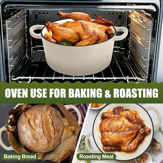P&P CHEF 7QT Enameled Dutch Oven, Cast Iron Dutch Oven Pot with Lid for Bread Baking, Enameled Casserole Pot for Roasting Braising Stewing Frying Simmering, Various Stoves & Easy Clean, Khaki