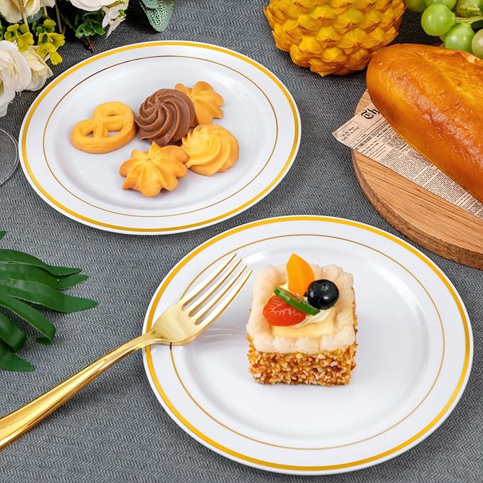 WELLIFE 144Pcs Gold Dessert Plates, 7.5 Inch Plastic Appetizer plates, Heavy Duty plastic Party Plates, White and Gold Plastic plate for Party and Wedding