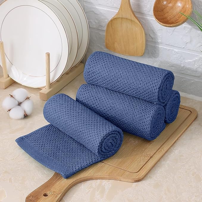 Kitinjoy 100% Cotton Kitchen Towels and Dishcloths Set, 10 Pack-13" x 28" and 12" x 12" Waffle Weave Dish Towels, Ultra Soft Absorbent Quick Drying Dish Rags, Navy Blue