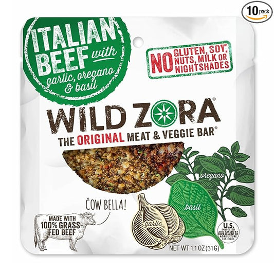 Wild Zora Meat and Veggie Bars, Italian Beef, 10-Pack, 100% Grass Fed Meat, Healthy Paleo Snacks with Veggies, Gluten Free, Soy-Free, High Protein, No Added Sweetener, Garlic, Oregano, Basil