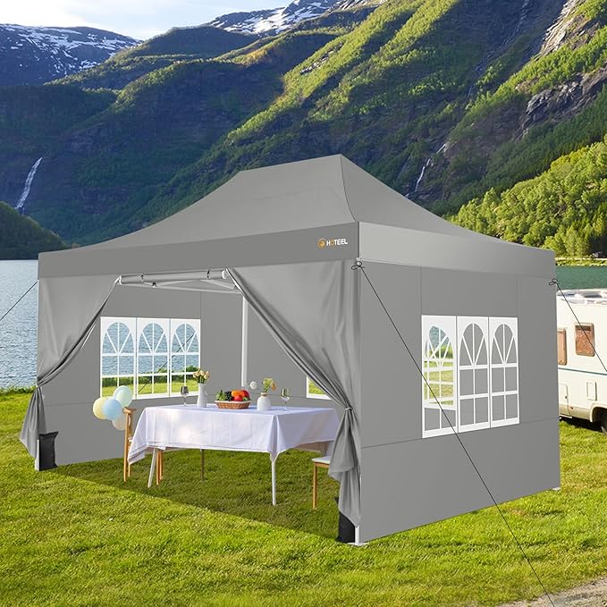HOTEEL 10x15 Pop up Canopy Tent for Parties, Heavy Duty Easy Setup Tent with 4 Sidewalls, Outdoor Commercial Instant Gazebo for Wedding Event, with Roller Bag & Sand Bags, Grey(Hexagonal Frame)