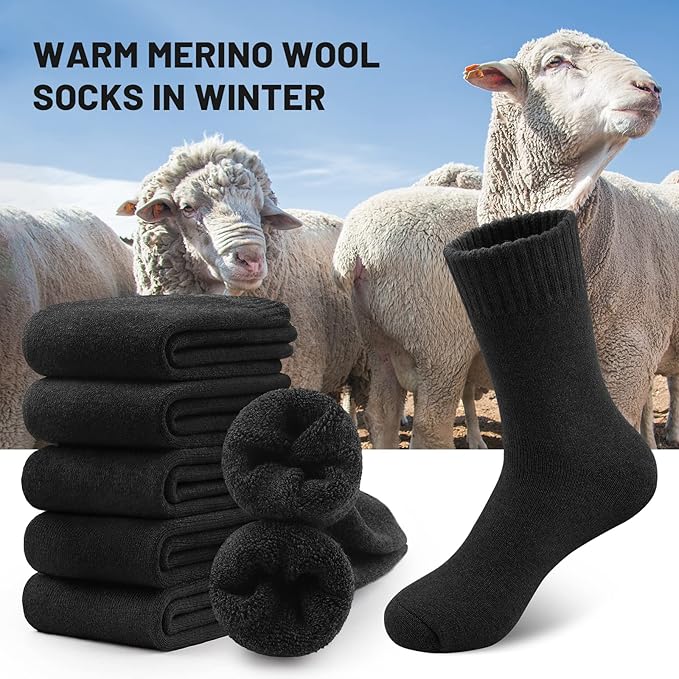 SIMIYA 5 Pairs Merino Wool Socks for Men, Thick Winter Wool Hiking Socks, Warm Breathable Crew Mens Socks