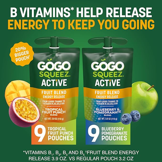 GoGo squeeZ Active Fruit Blend Energy Release|18-Count Variety Pack|Tropical Fruit Punch and Blueberry & Pomegranate|Made with Real Fruit and B Vitamins