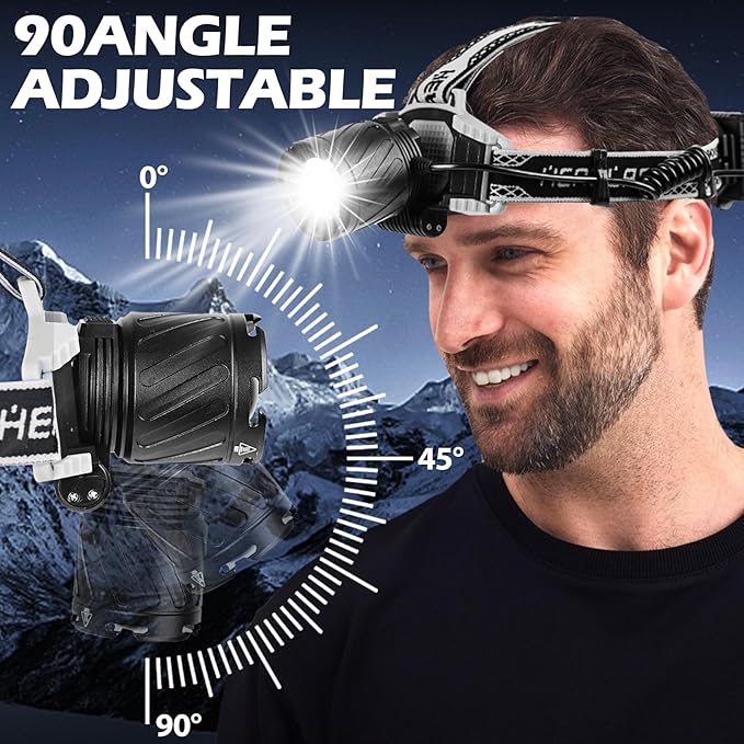 Aikertec Rechargeable Headlamp 3000 LM Super Bright, LED Headlamp 80H Runtime, 4 Modes & Zoomable IPX6 Waterproof, Red Light Headlamp for Camping, Fishing, Running