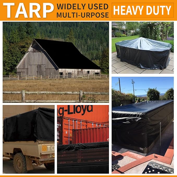 Tarp Heavy Duty Waterproof 16x16ft,TEZONG Black Plastic Tarp 12Mil Outdoor Tarpaulin Cover for Emergency Rain,Patio Furniture,Wood,Roof,Camping,Car,Pool
