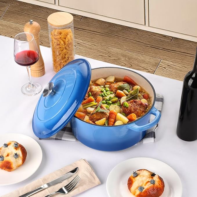 P&P CHEF 6QT Enameled Dutch Oven, Cast Iron Dutch Oven Pot with Lid for Bread Baking, Enameled Casserole Pot for Roasting Braising Stewing Frying Simmering, Various Stoves & Easy Clean, Blue