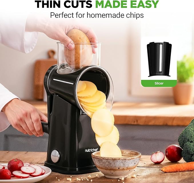 NutriChef 5 in 1 Cheese Grater & Shredder | 5 Different Blades for Thin, Thick, Julienne Strips, Wavy, & Straight Strips | Includes Hand Crank, Strong Suction Base & Storage Container | Black