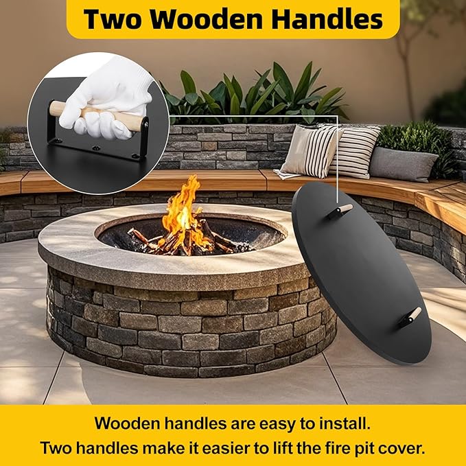 G GOOD GAIN Firepit Lid Round 34 Inch - Rust Resistant Fire Pit Lid Cover with Wooden Handle & Gloves, Fire Pit Snuffer Lid for Courtyards, Patio, Winter Cold Protection. Fits Fire Pits Up to 32"