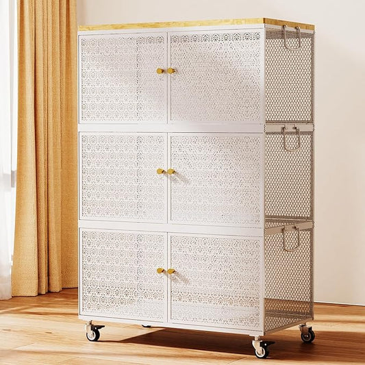 3 Tier Metal Storage Bins and Boxes Organizer, Magnetic Doors & 360°Swivel Lockable Wheels, Easy,labor-Saving, Ocean Life Cutout Pattern, Eco-Aesthetic for Living Room,Bedroom,bathroom,kitchen