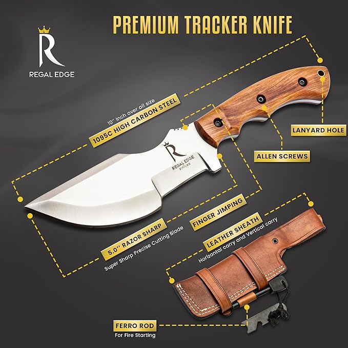 Fixed Blade Knife 10” Hunting Knife With Fire Starter And Leather Sheath - Olive Wood Handle Survival Knives for Camping, Hiking, and Outdoor Use By Regal Edge