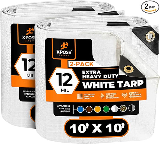 Heavy Duty White Poly Tarp 10' X 10' (2-Pack) - Multipurpose Protective Cover - Durable, Waterproof, Weather Proof, Rip and Tear Resistant - Extra Thick 12 Mil Polyethylene - by Xpose Safety