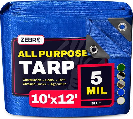 10' x 12' Blue Tarp with Grommets Reinforced - 5 Mil Thick - Durable UV Resistant Plastic Tarps Waterproof - Large Tarpaulin Cover for Outdoor Camping Over/Under Tent Tarp RV Roof Rain - Zebro