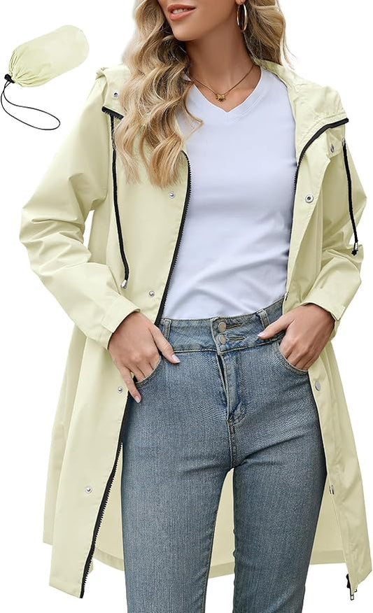 Zando Long Packable Rain Jacket Women Waterproof - Raincoat for Women Rain Coat with Hood Lightweight Outdoor Windbreaker