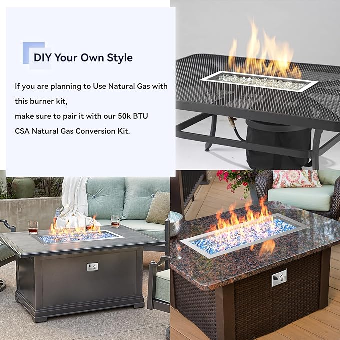 Skyflame 30" Rectangle Stainless Steel Fire Pit Drop-in Burner Kit with Extinguishing Protection Device, Electronic Spark Ignition, and Propane Regulator Hose Set
