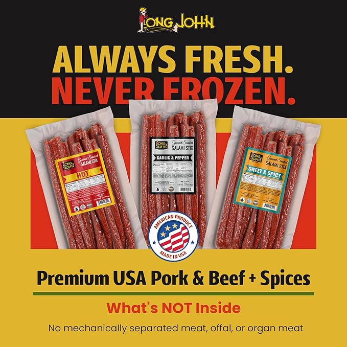 Long John Snacks Dried Salami Sticks - High Protein Smoked Meat Sticks Bulk Pack - Handcrafted From Fresh Premium Cuts of USA Beef and Pork - Low Carb, Gluten-Free, Keto Snacks - Hot, 16 Oz