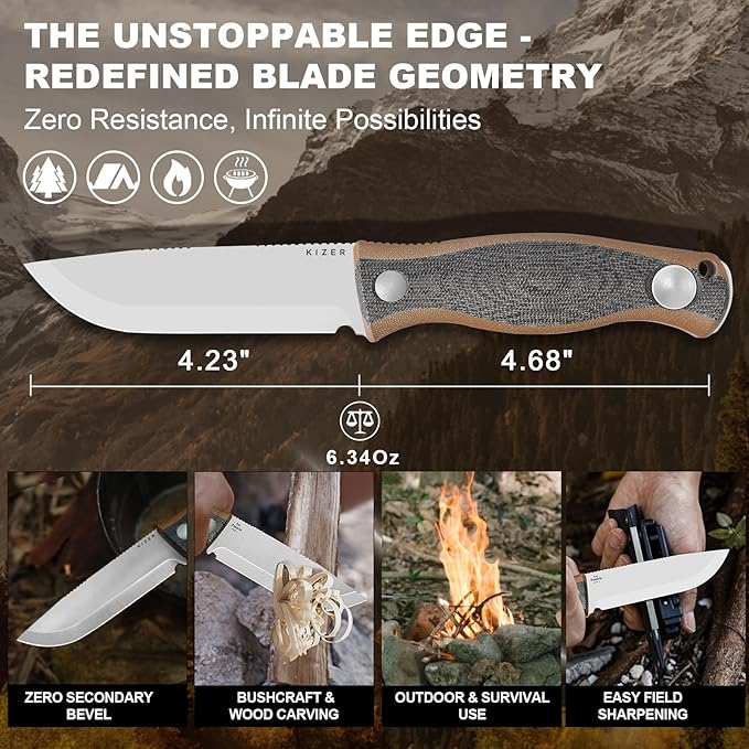 Kizer Polaris Fixed Blade Knife, 4.23" AEB-L Steel Camping Knife with Black Micarta & Brown G10 Handle, Outdoor Survival Hunting Bushcraft Knives with Adjustable Sheath & Sharpener, 1100A1
