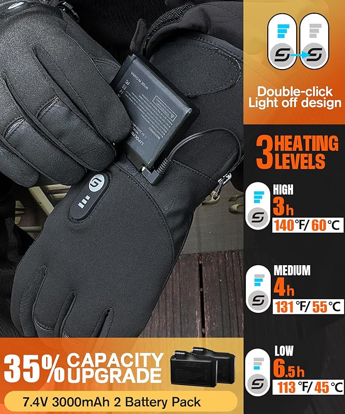 JS LifeStyle Heated Gloves for Men Women HG-05,7.4V 3000mAh Rechargeable Battery Wear-Resistant Heated Work Gloves with Touch Screen and Light-Off Design for Winter Driving Cycling Motorcycle