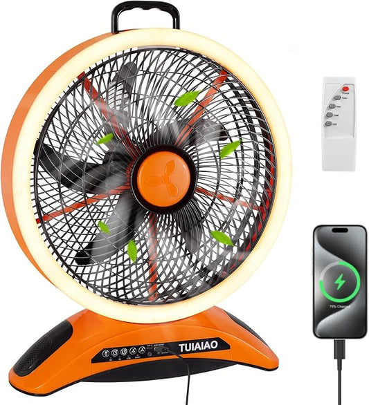 Big Size Camping Fan, 45000mAh Battery Rechargeable Portable Fan, 12-Inch Extra Large Blade & 830CFM Super Airflow, Ring LED, Cordless for Outdoor Large BBQ RV Tent Garage Hurricane Emergencies Indoor