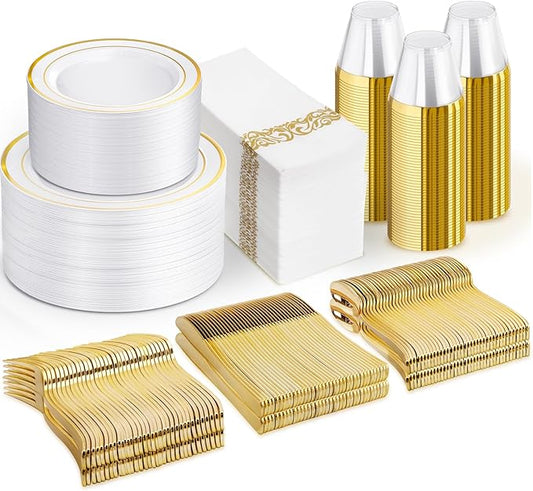NOCCUR 700PCS Gold Disposable Dinnerware Set for 100 Guests - Plastic Plates for Party - Include 200 Gold Dinner/Dessert Plates, 100 Napkins, 100 Cups, 300 Plastic Silverware - Ideal for Wedding&Party