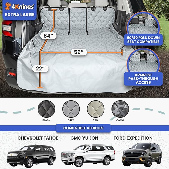4Knines SUV Cargo Liner for Dogs, Trunk Mat for SUV, Durable Cargo Cover, Protector – Compatible with 60/40 Split Bench & Armrest Pass-Through, Waterproof, Machine Washable, Non-Slip (X Large, Grey)