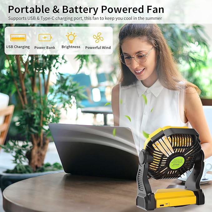 Portable Camping Fan Cordless Battery Powered，270° Rotating Portable Battery Operated Rechargeable Fans, 360° Hanging Hook, USB Personal Outdoor Camping Fans for Tents,Travel X23 Yellow