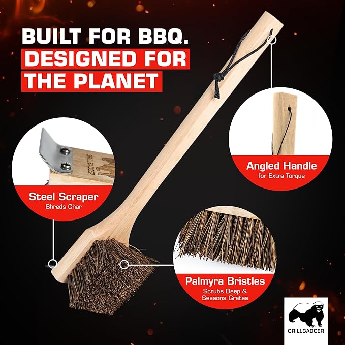 The Original Non Metal Grill Brush for Outdoor Grill – Natural Wooden BBQ Cleaner with Grill Scraper, High-Temp Heat Resistant BBQ Cleaning Brush, Safe for Cast Iron Grates, Outdoor Tools